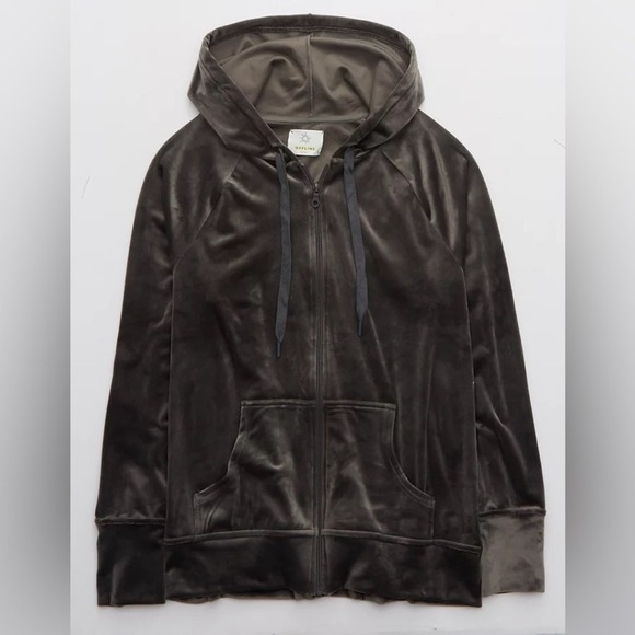 Aerie OFFLINE Velour Cozy Casual Full Zip Hoodie Charcoal Grey Small - Picture 3 of 7